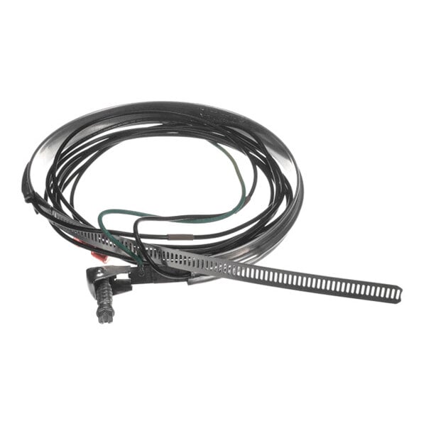 A coiled black cable with attached metal components and a slotted metal strip, likely part of an electrical or mechanical assembly.