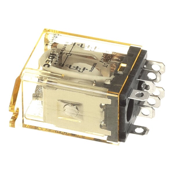 A clear rectangular relay with a yellow-tinted plastic cover, visible internal components, and multiple metal prongs for electrical connections.