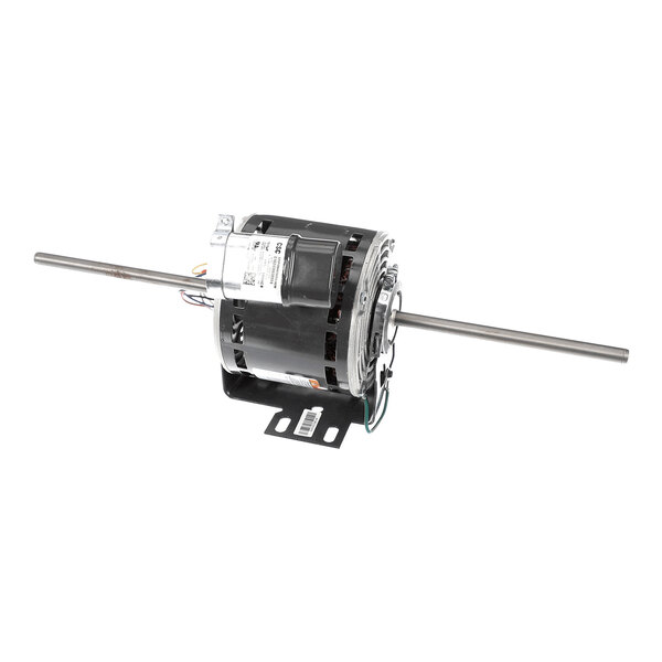 A cylindrical electric motor with a metal mounting bracket and two long shafts extending from both sides.