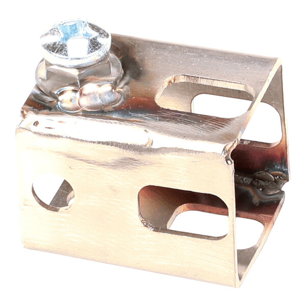 A metallic rectangular component with multiple rectangular and circular cutouts and a screw attached on top.