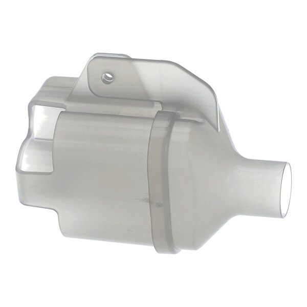 A translucent, molded plastic component with a cylindrical shape and a spout, featuring a mounting tab with a hole.