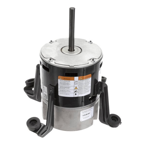 A cylindrical electric motor with a central shaft, black and silver housing, and three mounting brackets.
