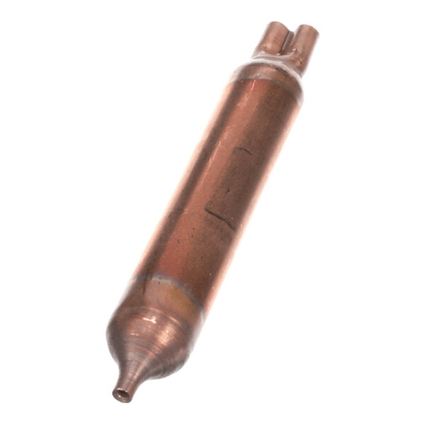 A cylindrical copper component with a tapered end and two small tubes on the opposite end, likely a refrigeration or HVAC part.