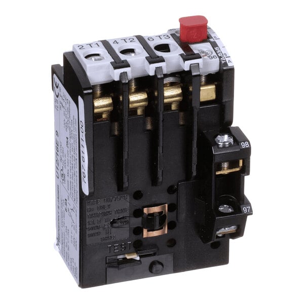 A black and white electrical relay with labeled terminals, a red reset button, and a test button.