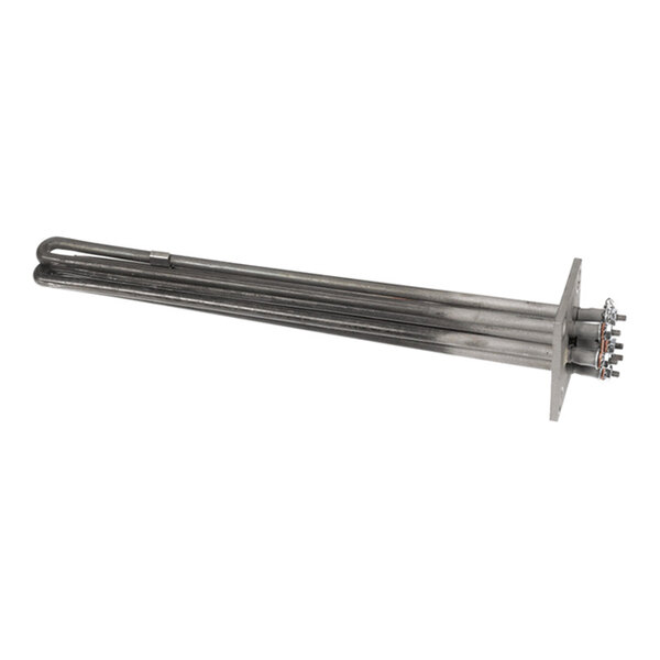 A metallic tubular heating element with a mounting flange and electrical terminals on one end.
