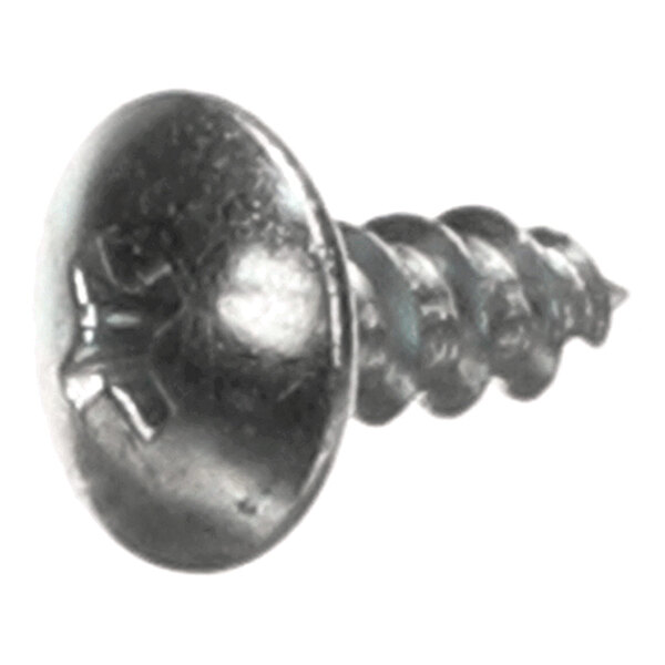A close-up view of a metal screw with a round, slotted head and a threaded body.