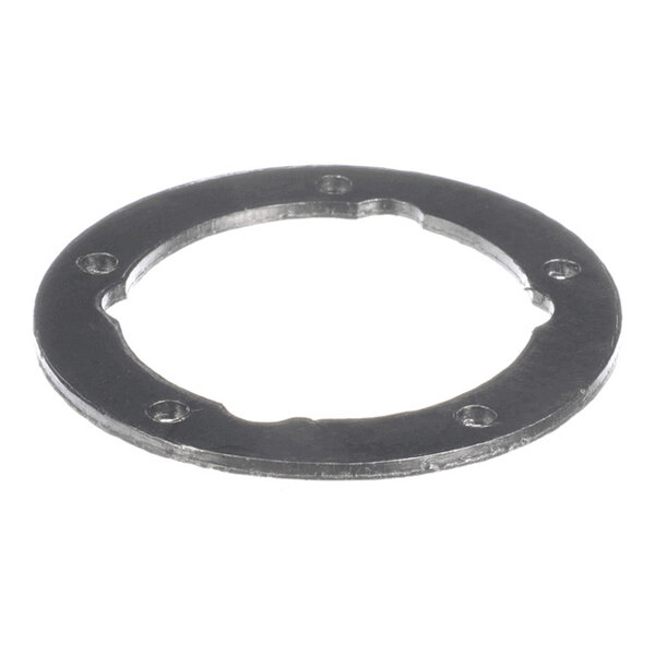A flat, circular metal gasket with a large central hole and several smaller holes evenly spaced around the perimeter.