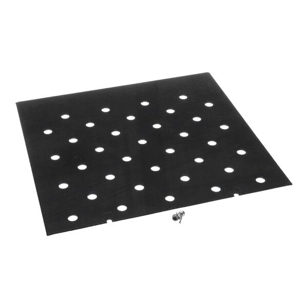 A flat, square black plate with a grid of evenly spaced circular holes and two small metal screws placed in front of it.
