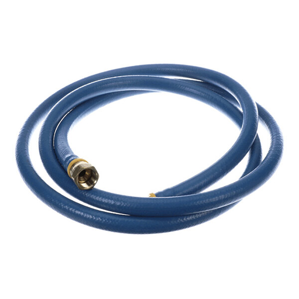 A coiled blue hose with a metal fitting on one end, displayed against a white background.