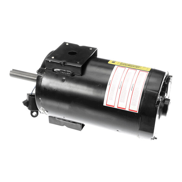 A cylindrical black electric motor with a protruding metal shaft and mounting brackets.