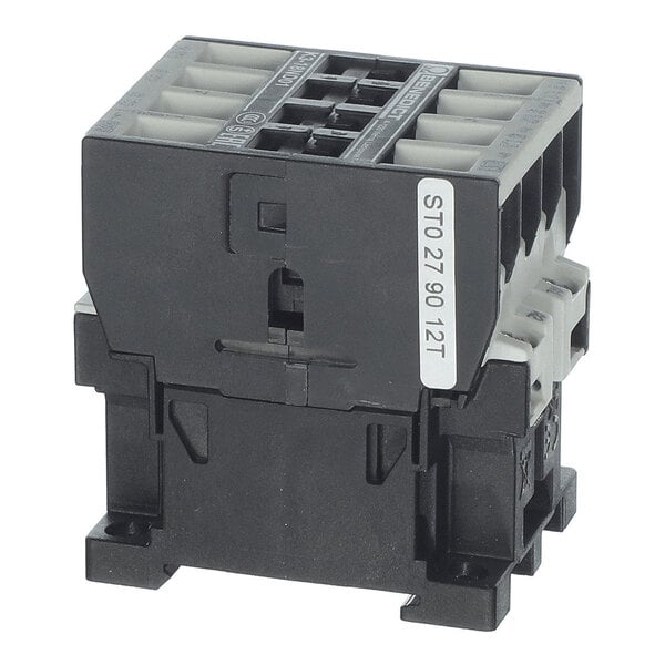 A black and gray electrical component with multiple connection terminals and a label on the side.