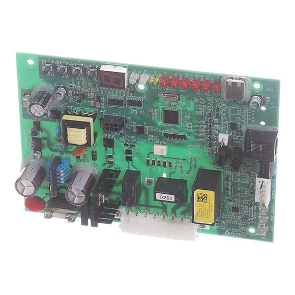 A green electronic circuit board with various components including capacitors, relays, connectors, LEDs, and integrated circuits.