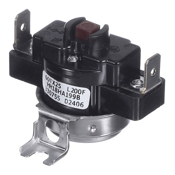 A close-up view of an electrical limit switch with a metal mounting bracket and labeled sticker.