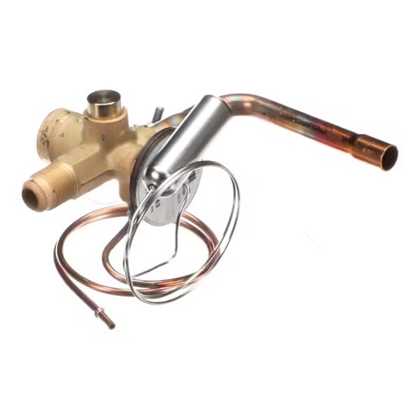 A brass and metal valve assembly with attached copper tubing and a coiled sensor line.