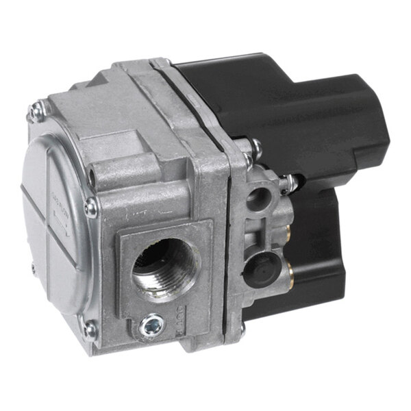 A metallic and black mechanical valve component with a threaded port and multiple sections, likely used in industrial or HVAC applications.