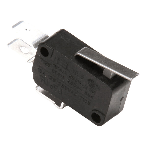 A small black rectangular microswitch with metal terminals and a metal lever arm.