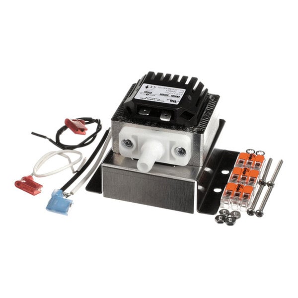 A metal pump assembly with a black heat sink, wiring connectors, screws, and mounting hardware arranged on a white background.