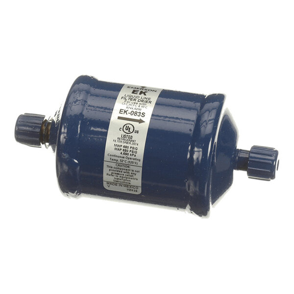 A cylindrical, dark blue metal component with threaded connectors on both ends and a white label with technical information on its side.