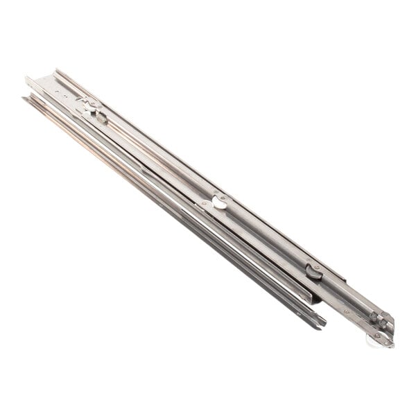 A pair of long, metallic drawer slides with visible rollers and mounting holes, designed for installation in equipment such as griddle stands.