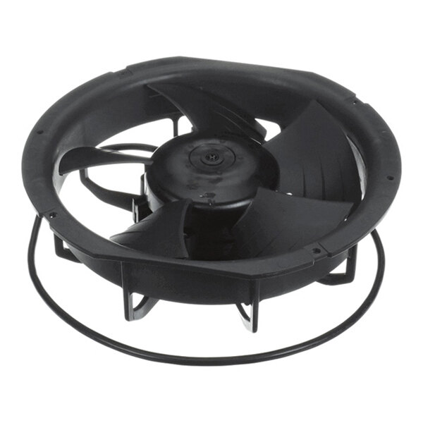 A black circular fan assembly with multiple blades and a protective wire frame, likely used for cooling or ventilation purposes.