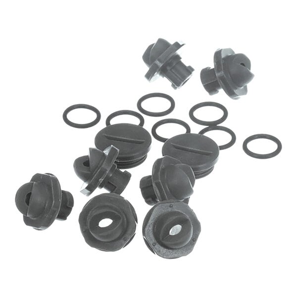 A set of black plastic nozzles and O-rings arranged on a white background.