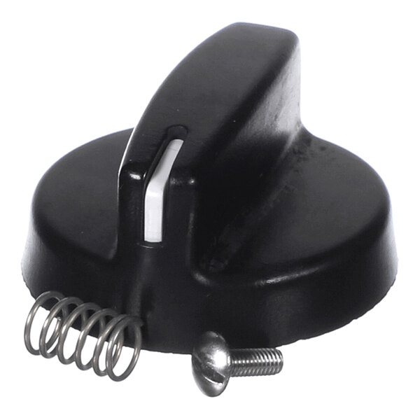 A black plastic knob with a white indicator, accompanied by a metal spring and a screw, shown on a white background.