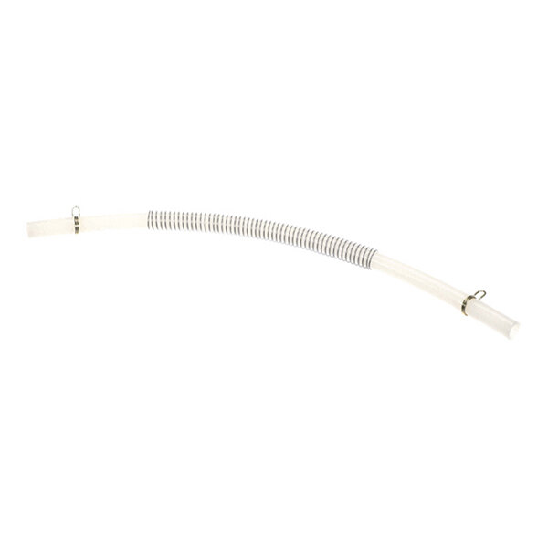 A transparent flexible hose with metal coil reinforcement and two metal hose clamps attached at each end.