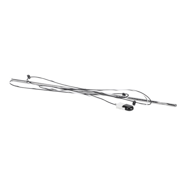 A long metal probe with attached wires and connectors, laid out on a white background.