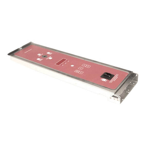 A rectangular electronic control panel with a red faceplate, several buttons, a display screen, and a switch, mounted in a metal frame.