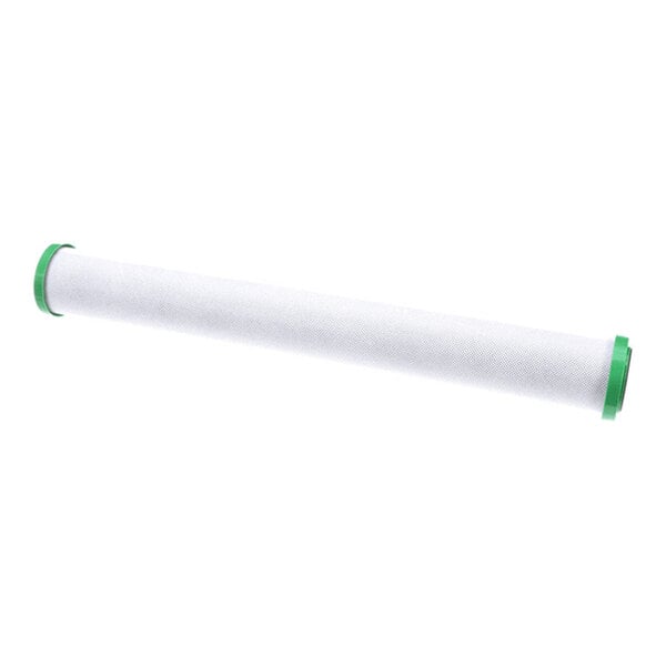 A cylindrical white filter with green end caps, shown against a white background.