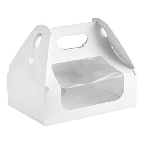 A white cardboard take-out box with a handle and a clear window on the side, partially open at the top.