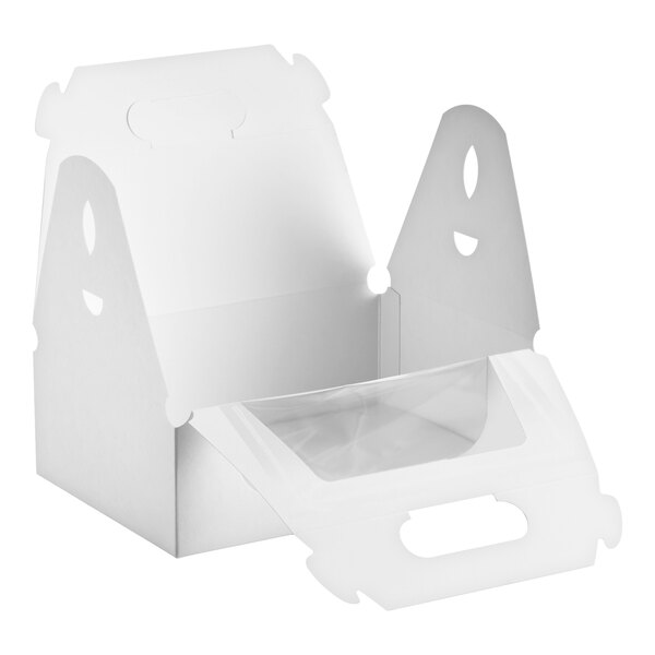 A white cardboard take-out box with a handle and a transparent window on the front, shown open and empty.