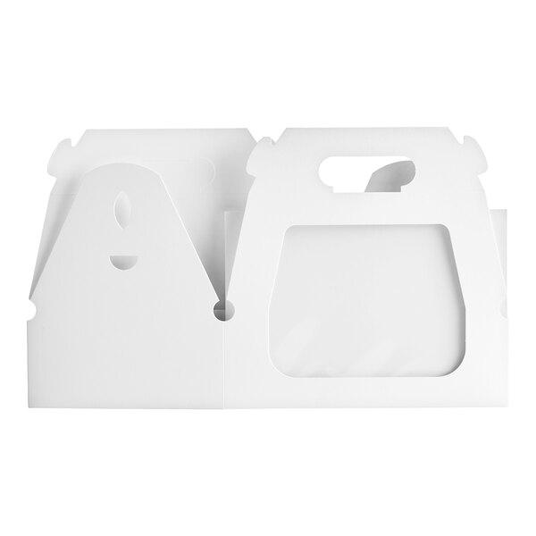 A white cardboard take-out box with a handle and a clear window on one side, shown unfolded and unassembled.