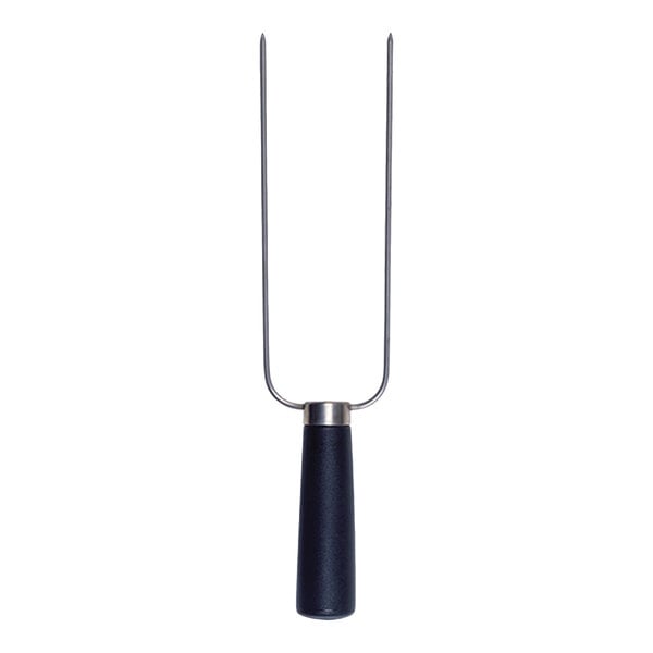 A two-pronged metal fork with a black handle, photographed on a white background.
