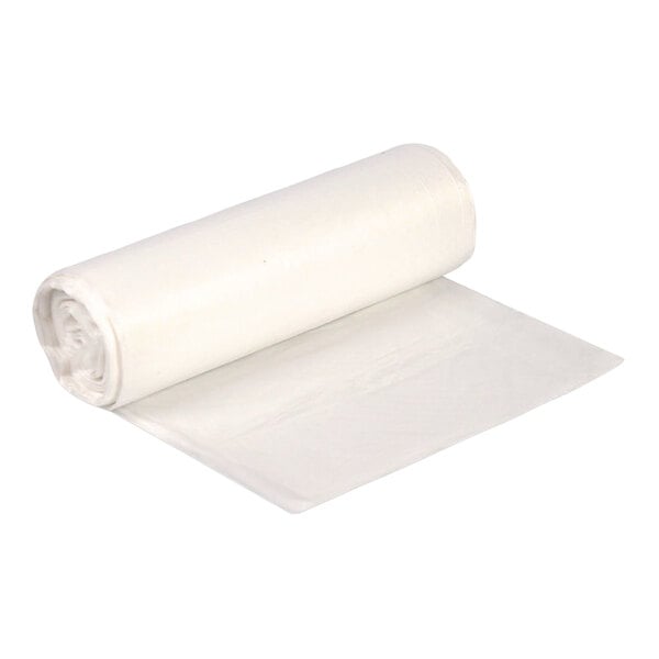 A roll of clear plastic bags partially unrolled on a white background.