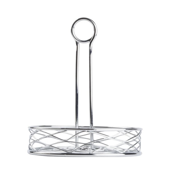 A chrome metal round birdnest condiment caddy with a handle.