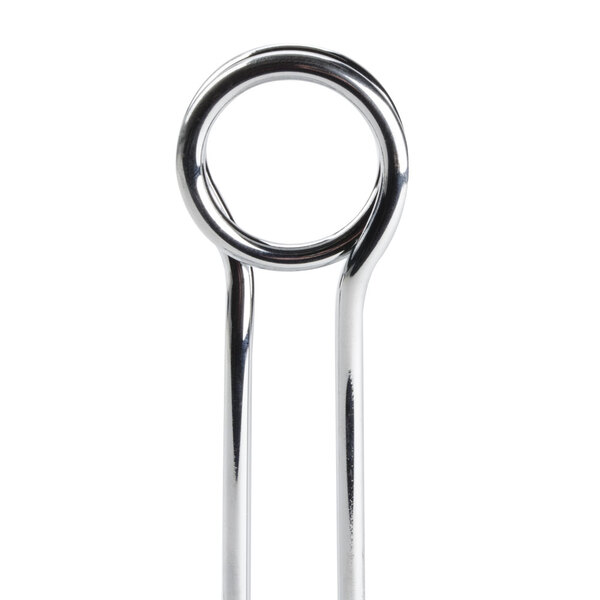 A close-up of a chrome metal birdnest condiment caddy with card holder.