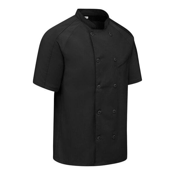 A short-sleeve, black, double-breasted chef coat with a mandarin collar and multiple buttons on the front.
