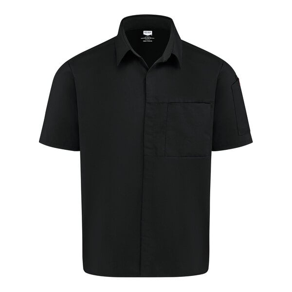 A black short-sleeve button-up shirt with a collar and a chest pocket.