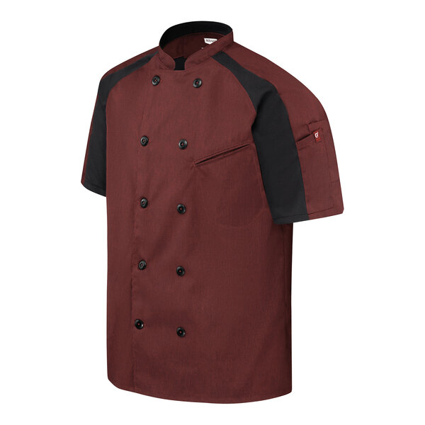 A short-sleeve, double-breasted chef coat in merlot and black colors with black buttons and a pocket on the left sleeve.