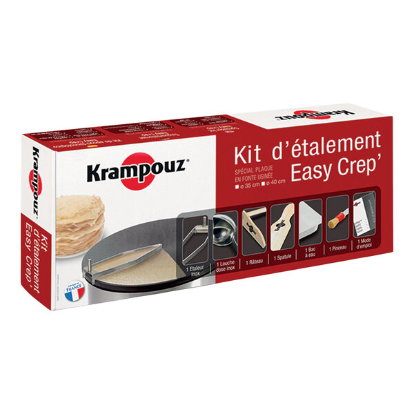 A rectangular box with red and white design, showing images of crepe-making tools and the Krampouz logo, labeled as a crepe batter spreading kit.