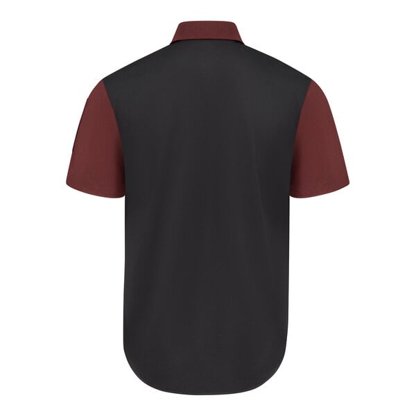 A short-sleeve shirt with a black back, maroon sleeves, and a maroon collar, shown from the rear view.