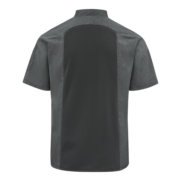 A short-sleeve, dark-colored shirt with a contrasting black mesh panel running down the center of the back.