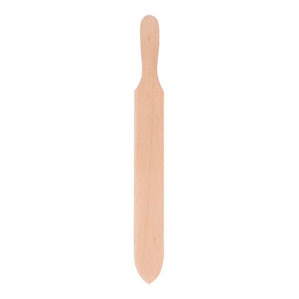 A wooden spatula with a long, flat blade and a rounded handle.