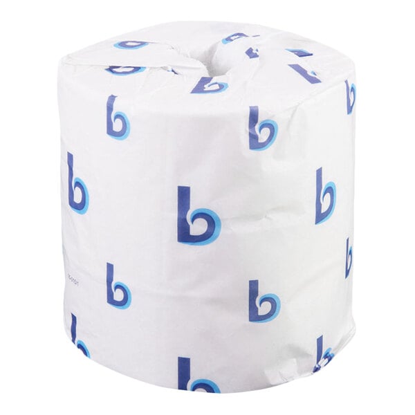 A single roll of toilet paper wrapped in white paper with a repeating blue 'b' pattern.