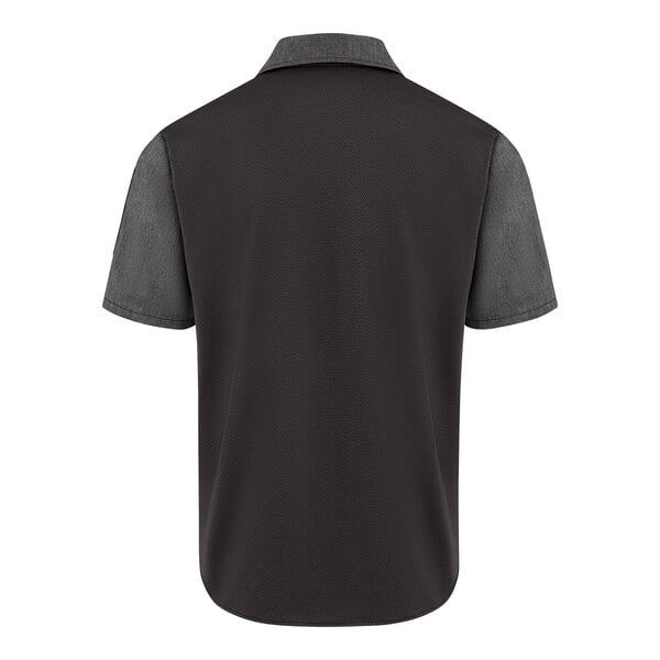 A short-sleeve shirt with a black back panel, charcoal gray sleeves, and a matching collar, shown from the back.