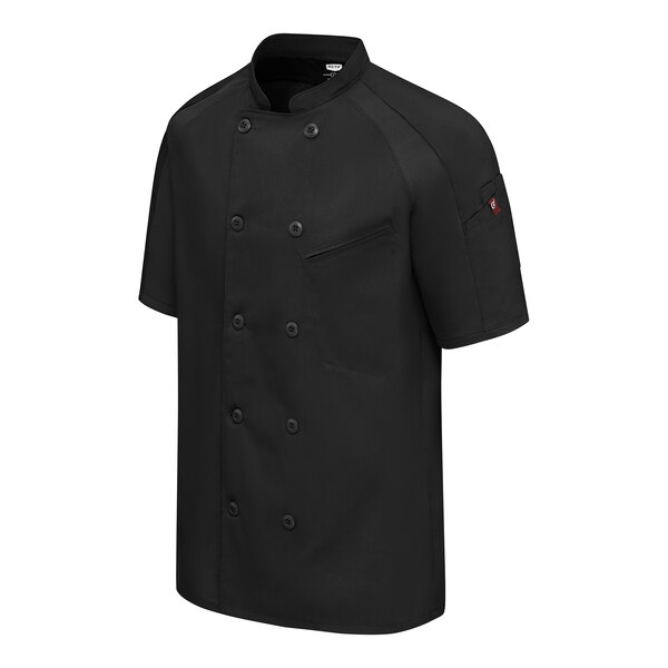 A short-sleeve black chef coat with a double-breasted front, black buttons, a chest pocket, and a small sleeve pocket.