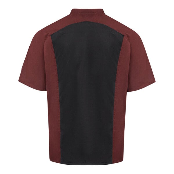 A short-sleeve shirt with a maroon body and black mesh-like panel running down the back.