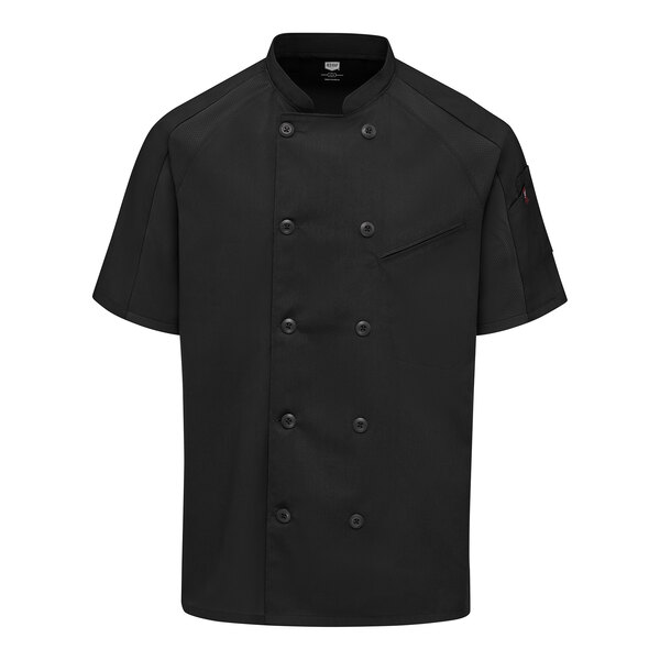 A short-sleeve, black, double-breasted chef coat with a mandarin collar and multiple buttons down the front.