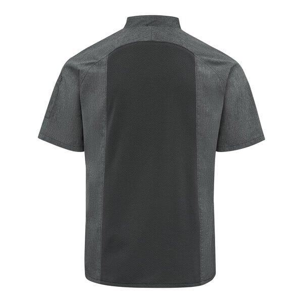A short-sleeve, dark-colored shirt with a contrasting black mesh panel running vertically down the back.